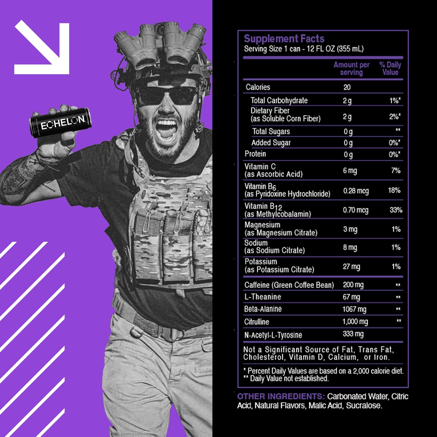 Echelon Performance Energy Drink Grape Citrus – Zero Sugar, 200mg Natural Caffeine, Muscular Endurance, Nootropic Focus, Prebiotic Fiber, B Vitamins, 12 Cans