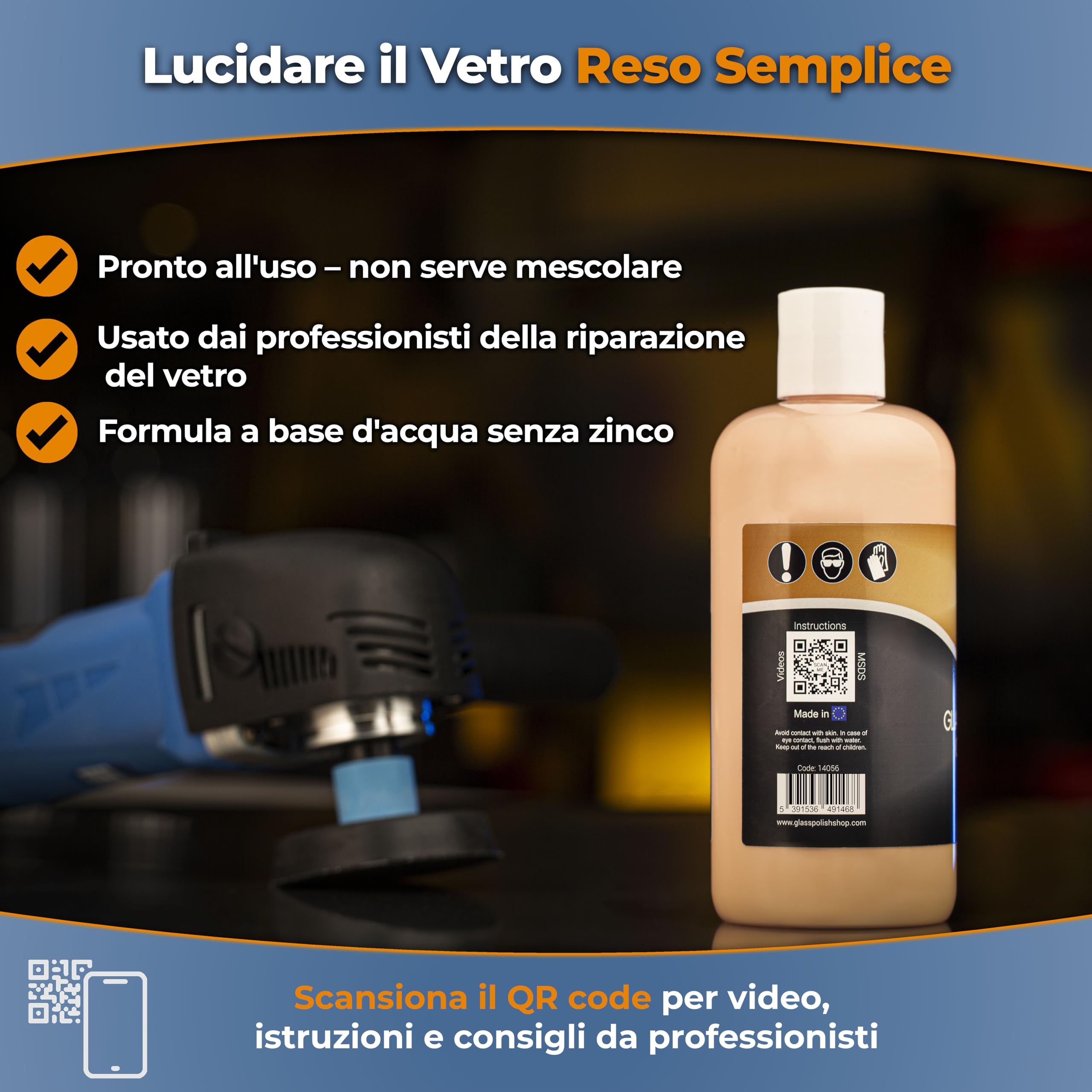 Glass Polish - 500ml Composto Lucidante per Vetri - Pasta di Ossido di Cerio Extra Concentrato per Lucidatura Professionale di Tutte le Superfici in Vetro - 2,3 Micron