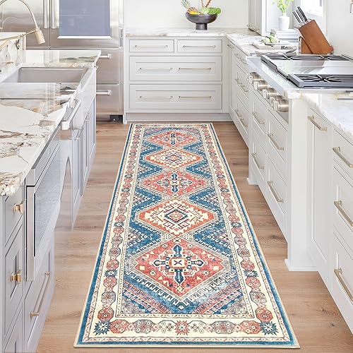 KUTA Alfombra oriental para pasillo de cocina, 2.6 x 8 pulgadas, color azul vintage, lavable, antideslizante, ultra suave, con estampado tribal