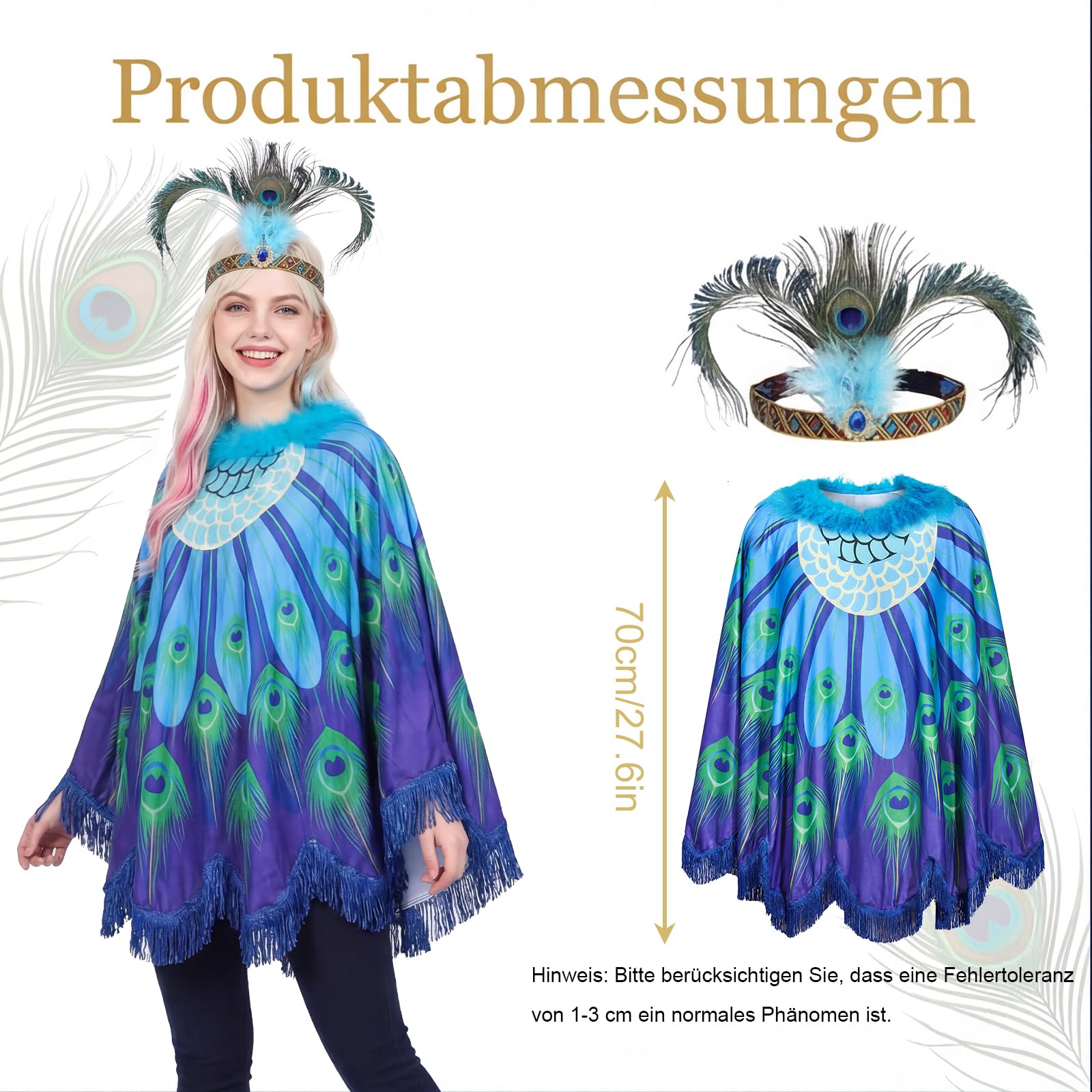 Mprocen Peacock Costume For Women's with Peacock Feathers Headdress Printed Cape Women's Bird Fancy Dress Costumes Accessories Women Adults Party Events Carnival Book Day Halloween - Image 2