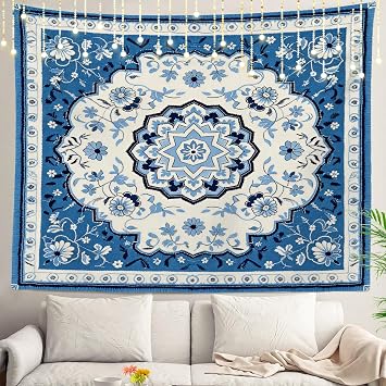 Shrahala Round Mandala Blue Grey Tapestry, Tribal Brown Ethnic Vintage Retro Pattern Wall Hanging, Psychedelic Decoration for Bedroom & Living Room 51.2 x 59.1 Inches, Blue 2