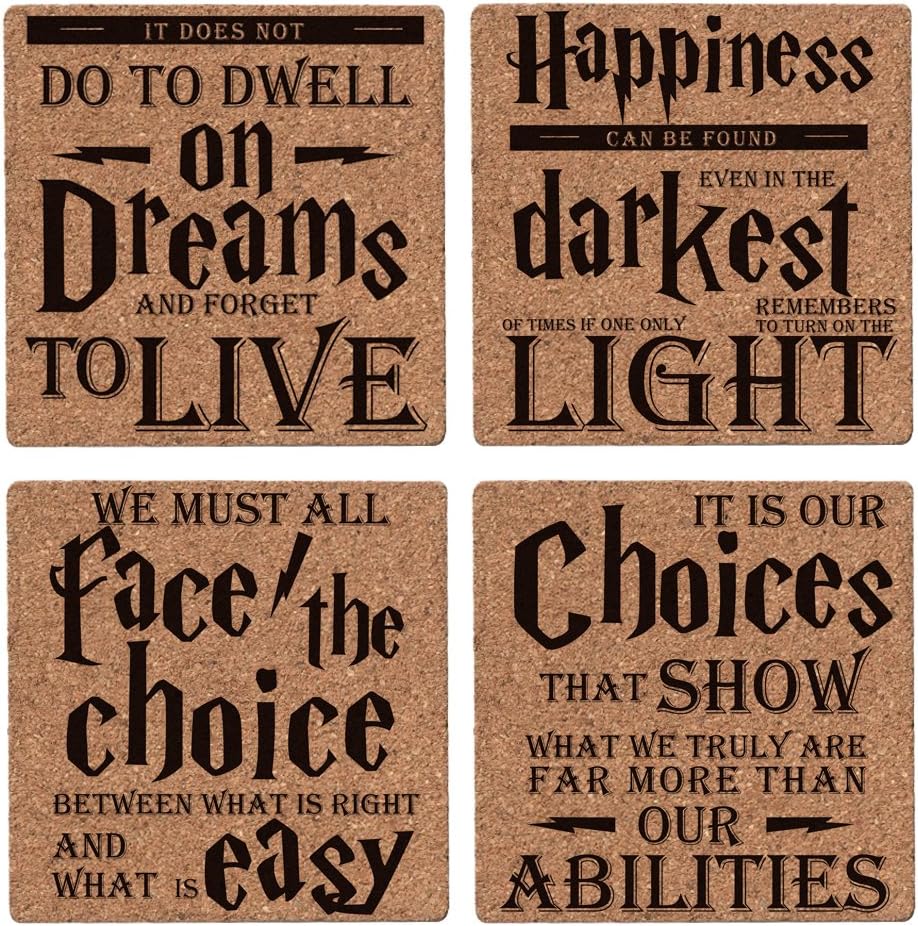 Harry Potter Quotes & Sayings - Set of 4 Coasters for Drinks - 4"x 4x 0.19" Cork Backing - Great Harry Potter Gifts