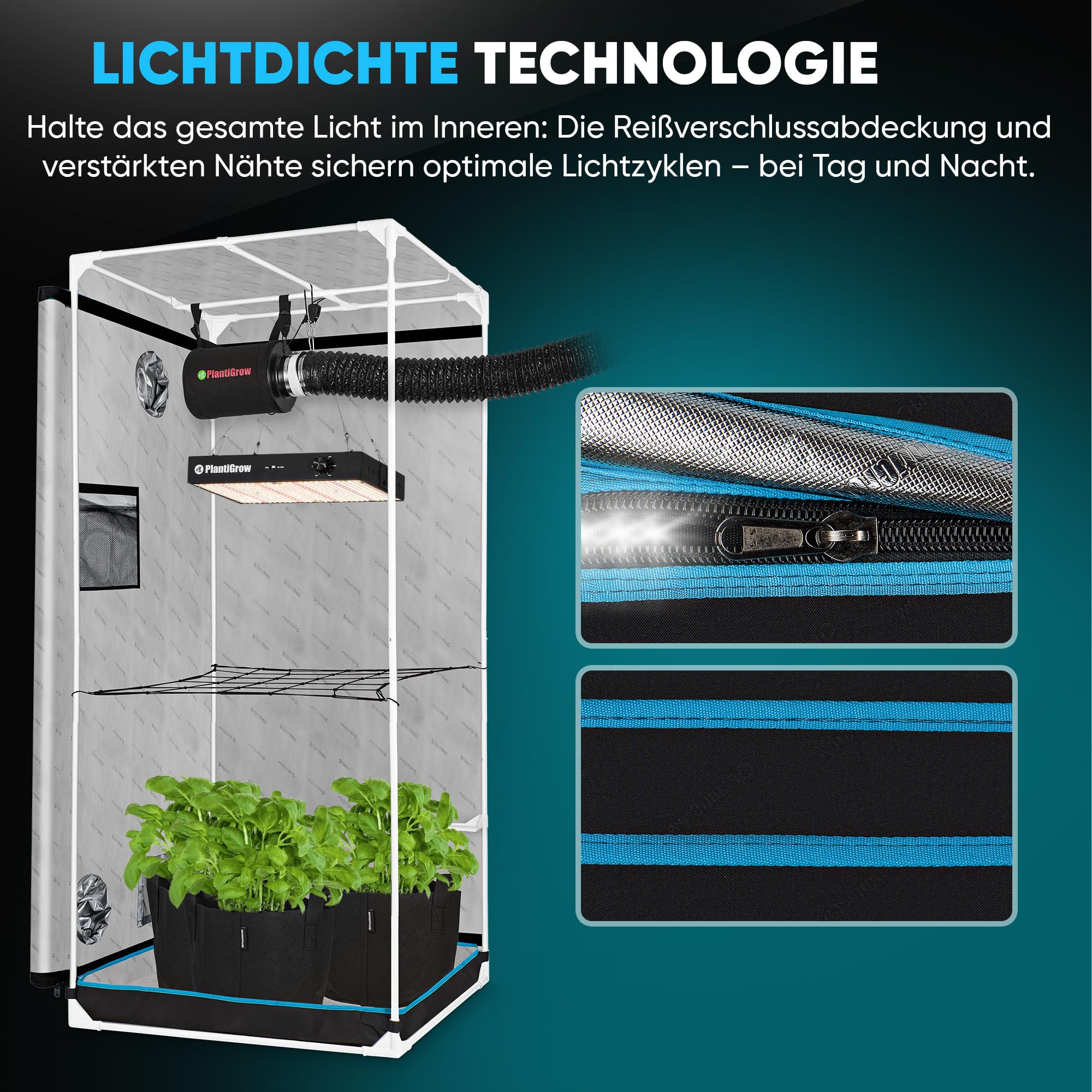 Growzelt Komplettset 80x80x180cm mit 150W Vollspektrum LED Lampe Dimmbar, Carbon-Filter, Inline-Kanalventilator, Abluftschlauch