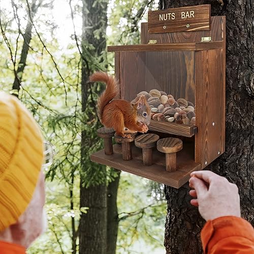 Miniatura 6 de Comedero de ardillas carbonizadas, comederos grandes de ardillas para exteriores, divertida barra de nueces cuadradas, caja de madera duradera para