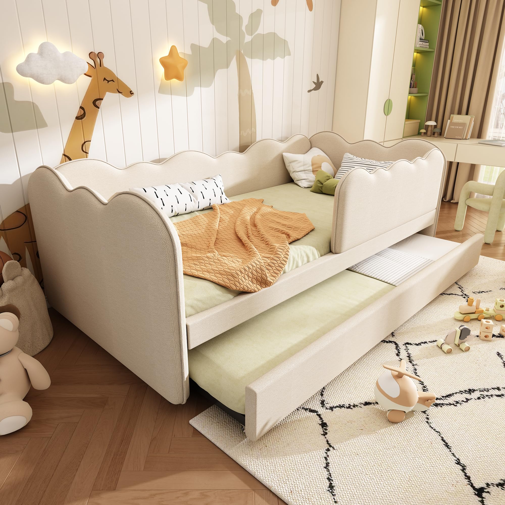 Kebnor Polsterbett Daybett 90x190cm,Tagesbett Schlafsofa mit Ausziehbett 90x190cm, Kinderbett mit Lattenrost, ohne Matratze (Leinen, Beige)