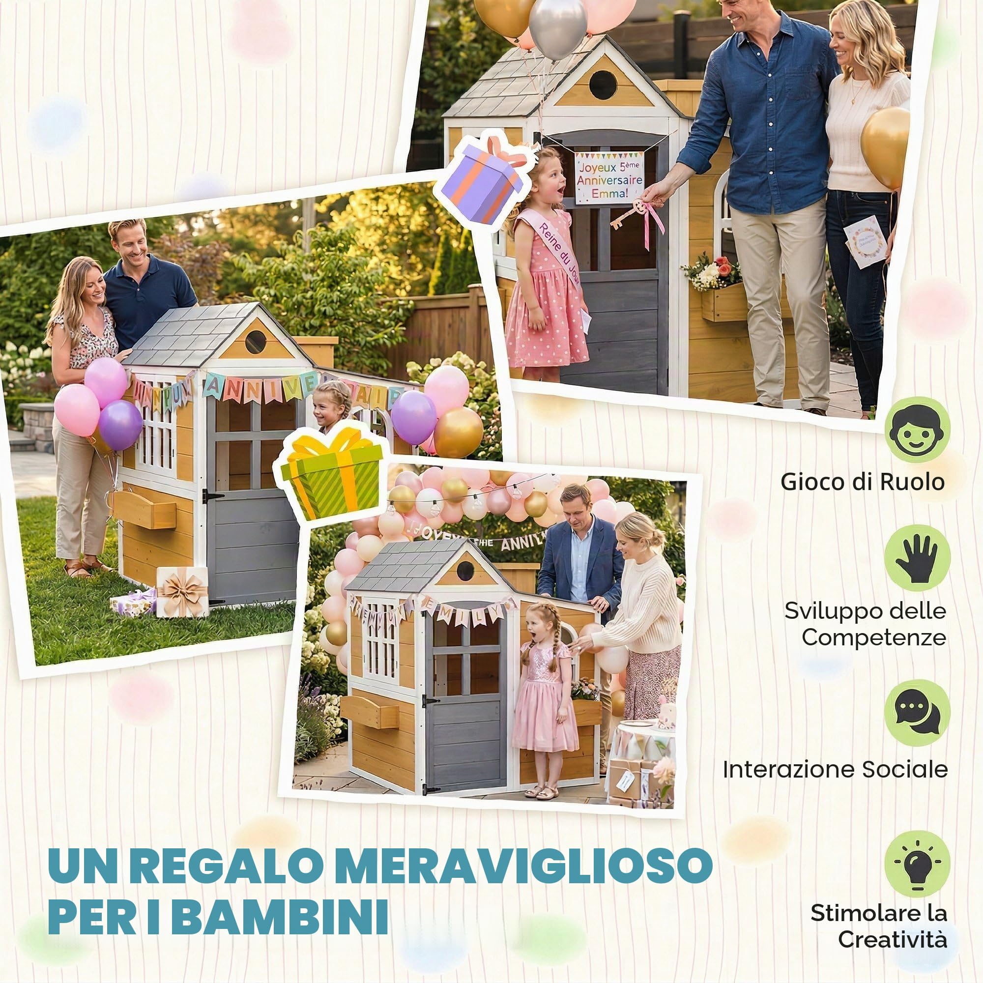AIYAPLAY Casetta per bambini in legno per esterno, casa per bambini per esterno/interno con porta, finestre, 3 fioriere, resistente agli agenti atmosferici, casetta da gioco per 3-6 anni