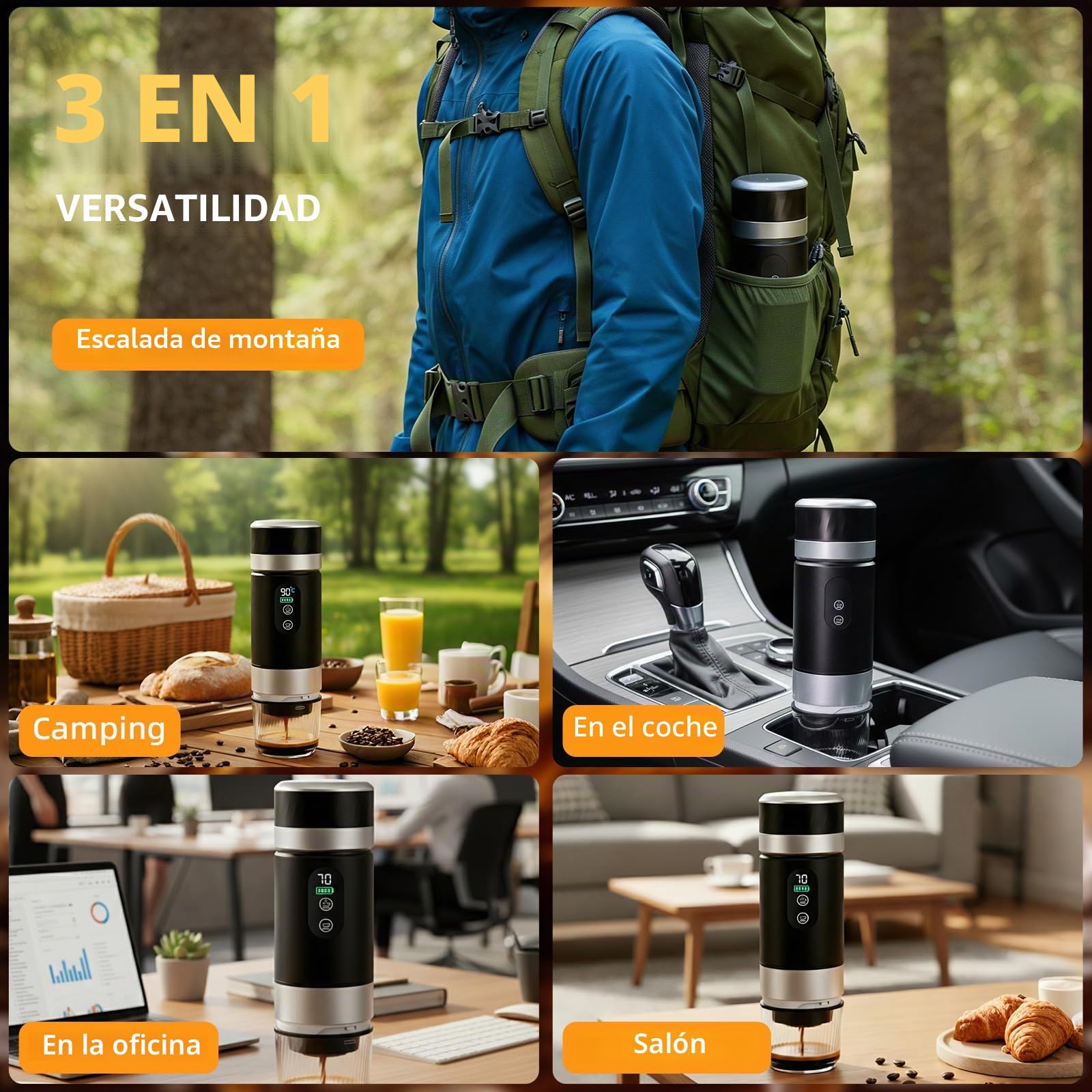 Cafetera Portátil 20 Bar, 3 en 1 Cafetera Espresso Eléctrica Portátil Maquina de Cafe Portatil Recargable Compatible con Cápsulas Pequeñas/Grandes y Café Molido para Viajes Acampada Oficina y Hogar