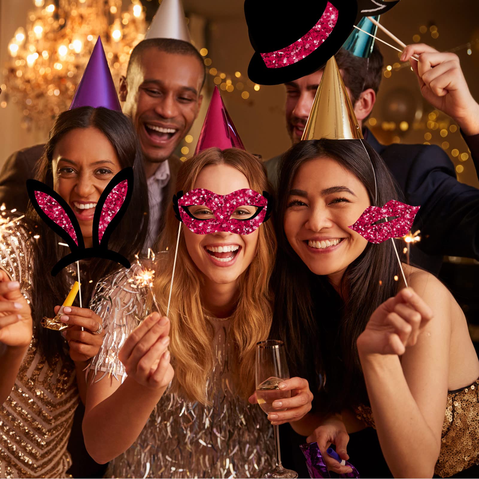 Set De 30 Piezas Para Fotomatón: Sombreros, Coronas, Pintalabios, Copas, Accesorios Para Fiestas De Cumpleaños, Bodas, Graduaciones (color Oro Y Negro)