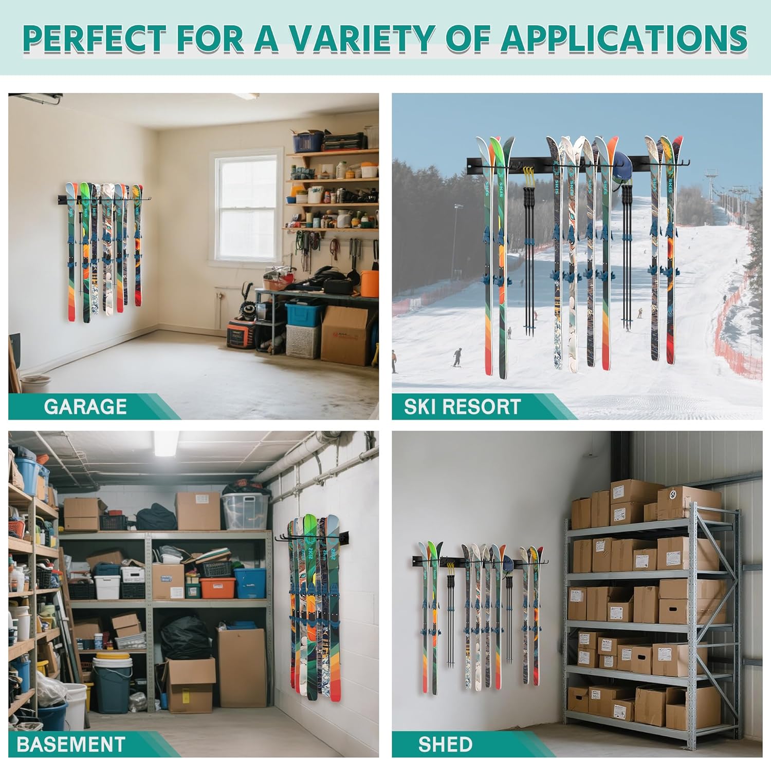 EVERHANGER Wall Mount Ski Rack for Garage, Ski Storage Hangers for Indoor/Outdoor, Wall Ski Holder Holds Up to 8 Pairs of Skis - Image 6