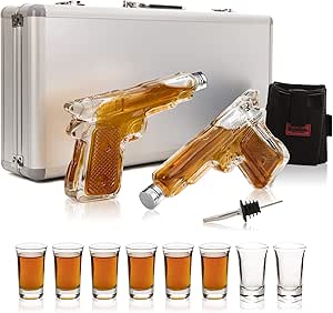 ShotsClub Gun Whiskey Decanter and Glass Set – 2 x 7oz Unique Gun Decanters for Alcohol, 8 x 1.5oz Shot Glasses, 1 x Dual Holster &amp; 1 x Pourer – Fun Gifts For Men (Deluxe Aluminum Carry Case)