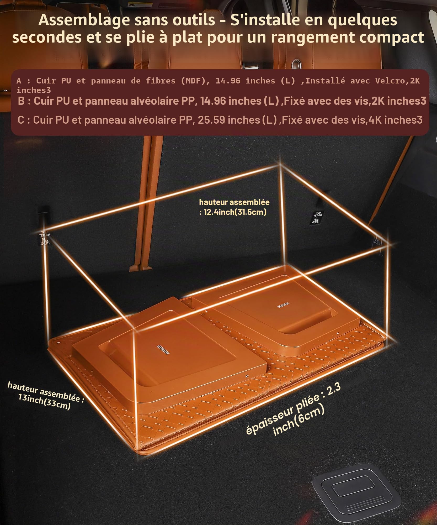 Organisateur de coffre, Boîte de rangement pour voiture, Storagebox en cuir avec couvercle, pliable et réglable, 38 cm (L) x 33 cm (l) x 31,5 cm (H),32,8 litres de capacité (Taille B)