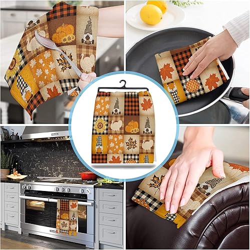 Miniatura 4 de Toallas de cocina, paños de limpieza de microfibra, Acción de Gracias, calabaza, pavo, hojas de arce, gnomo, retro, a cuadros, para cocina, paquete