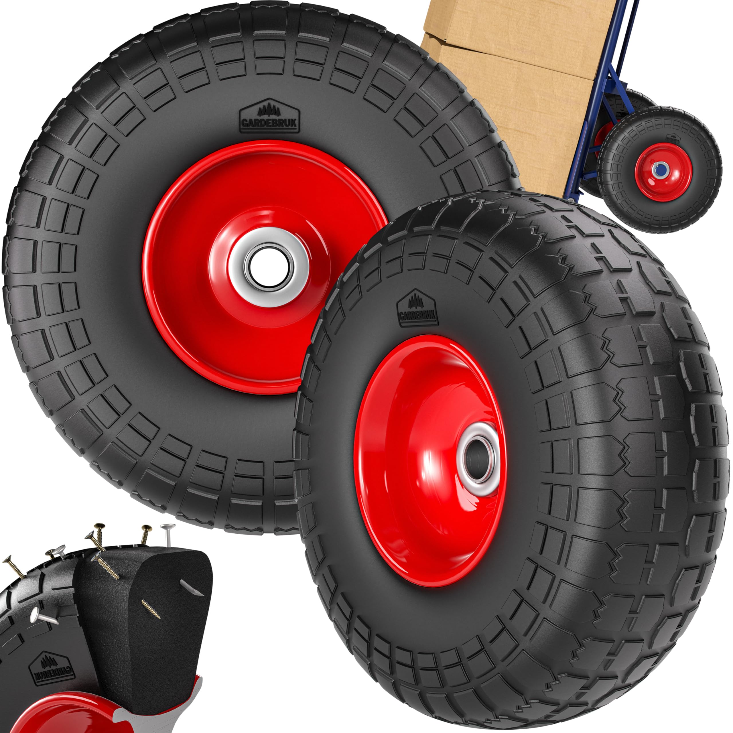 GARDEBRUK® Ruedas de Carretilla Set de 2 Goma Maciza PU Antipinchazos Repuesto Neumático Eje 20 mm Llanta Acero Recambio Capacidad Carga hasta 200 Kg