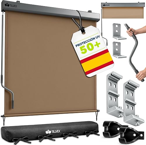 tillvex® Toldo Vertical de 160 x 250 cm para Exterior e Interior con Cubierta | Resistente al Agua con manivela para balcón, terraza y jardín | Estor para balcón, protección Solar de Aluminio | Estor exterior resistente al agua con manivela para balcón, terraza y jardín, protección solar, toldo de aluminio