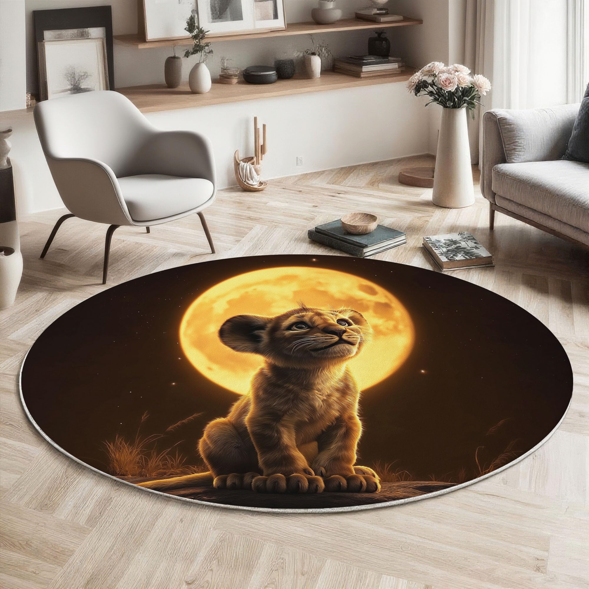 Tapis Rond pour Enfant - Illustrations d'animaux - Lune en Lion - pour Chambre d'enfant Salle de Jeux Chambre d'adolescent Salon - Jaune