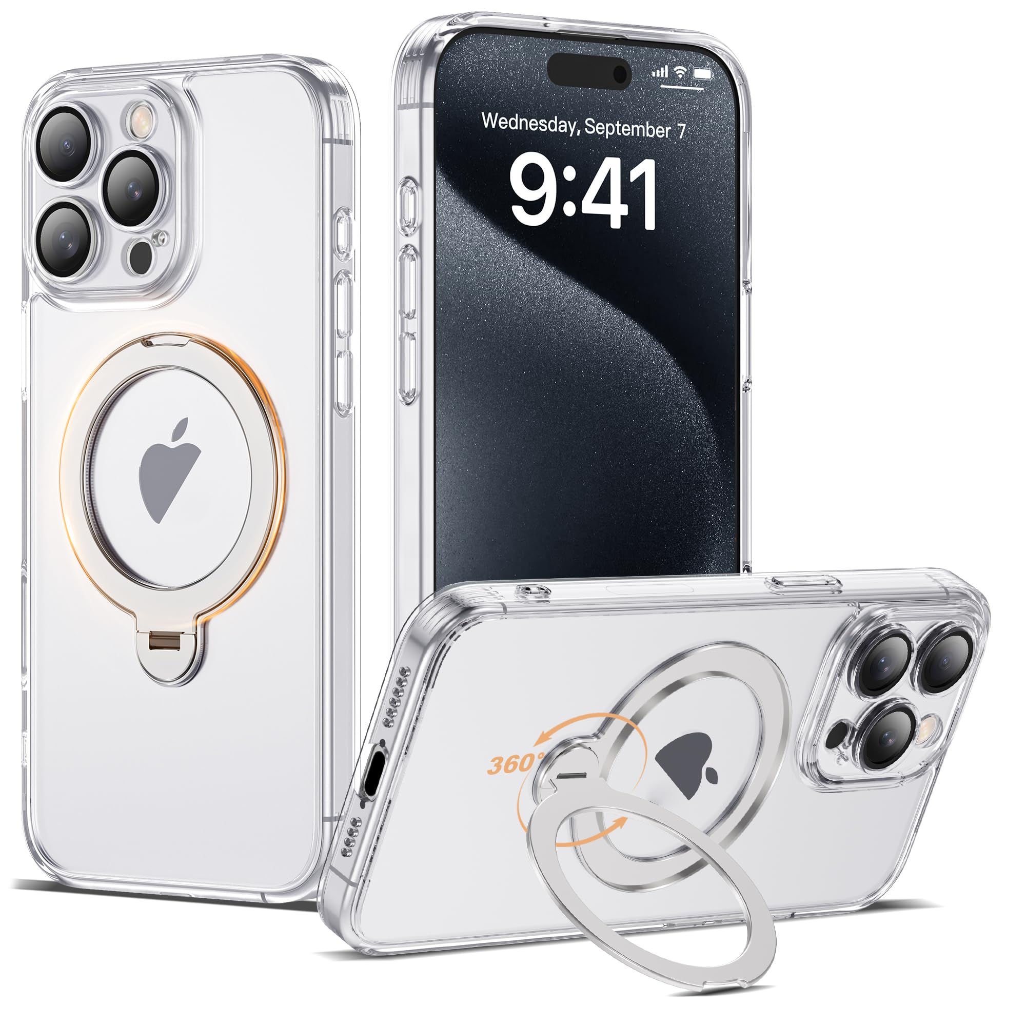 Funda compatible con iPhone 15 Pro Max con soporte de anillo magnético de 360°, compatible con protector de lente de cámara Mag-Safe, funda transparente para iPhone 15 Pro Max de 6.7