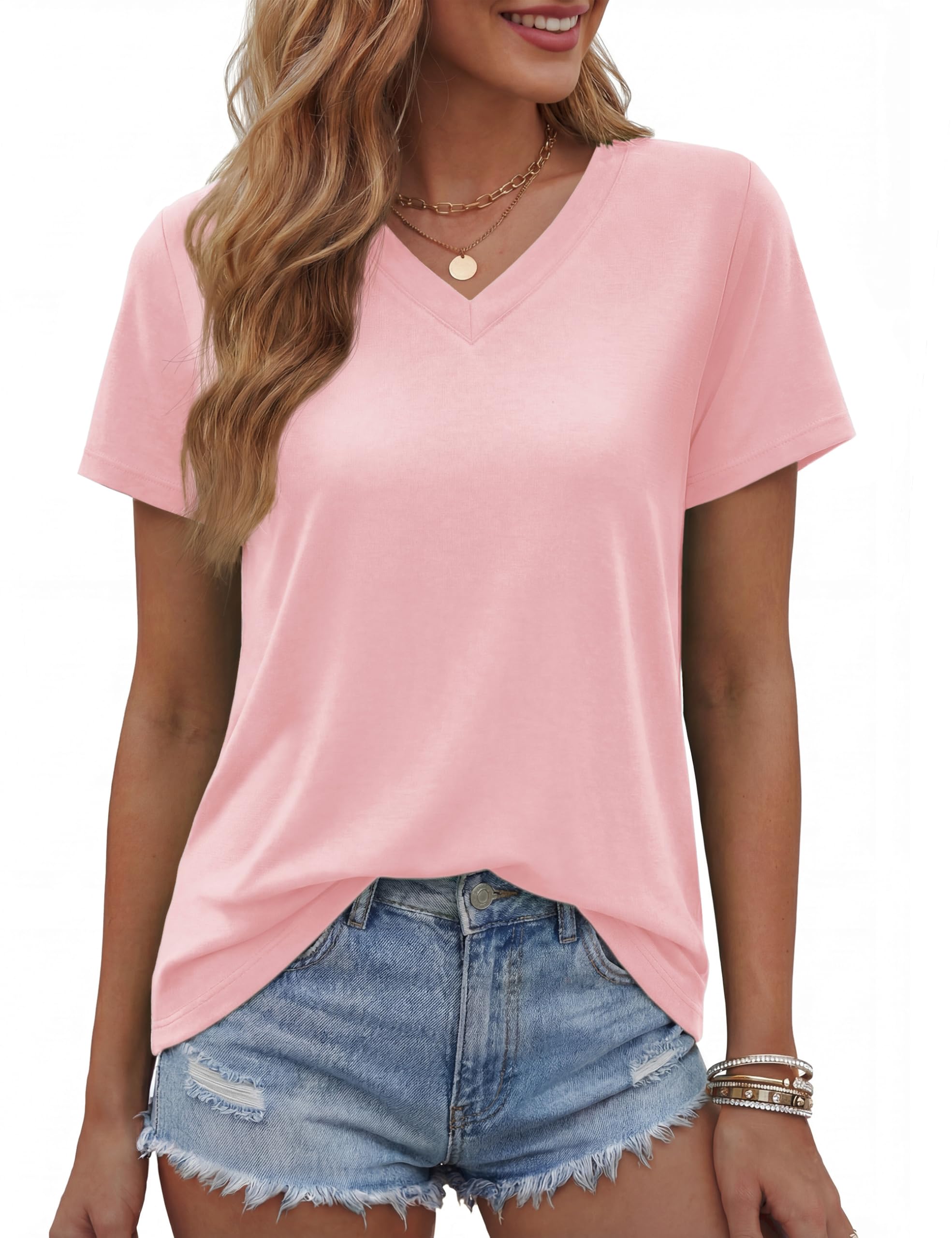 TACVASEN Damen Tshirt Kurzarm V-Ausschnitt Shirt Baumwolle Top Lässig Sommer Basic Oberteile