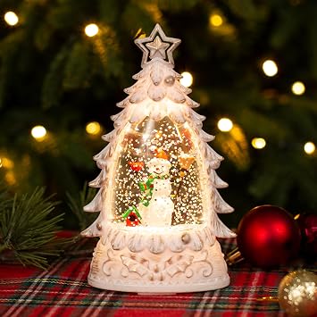 Christmas Tree Snow Globe, Mini Lighted Glitter Water Globe Decoration with Snowman Figurine, Battery Operated Holiday Table Centerpiece, Xmas Party Home Decor & Gift White