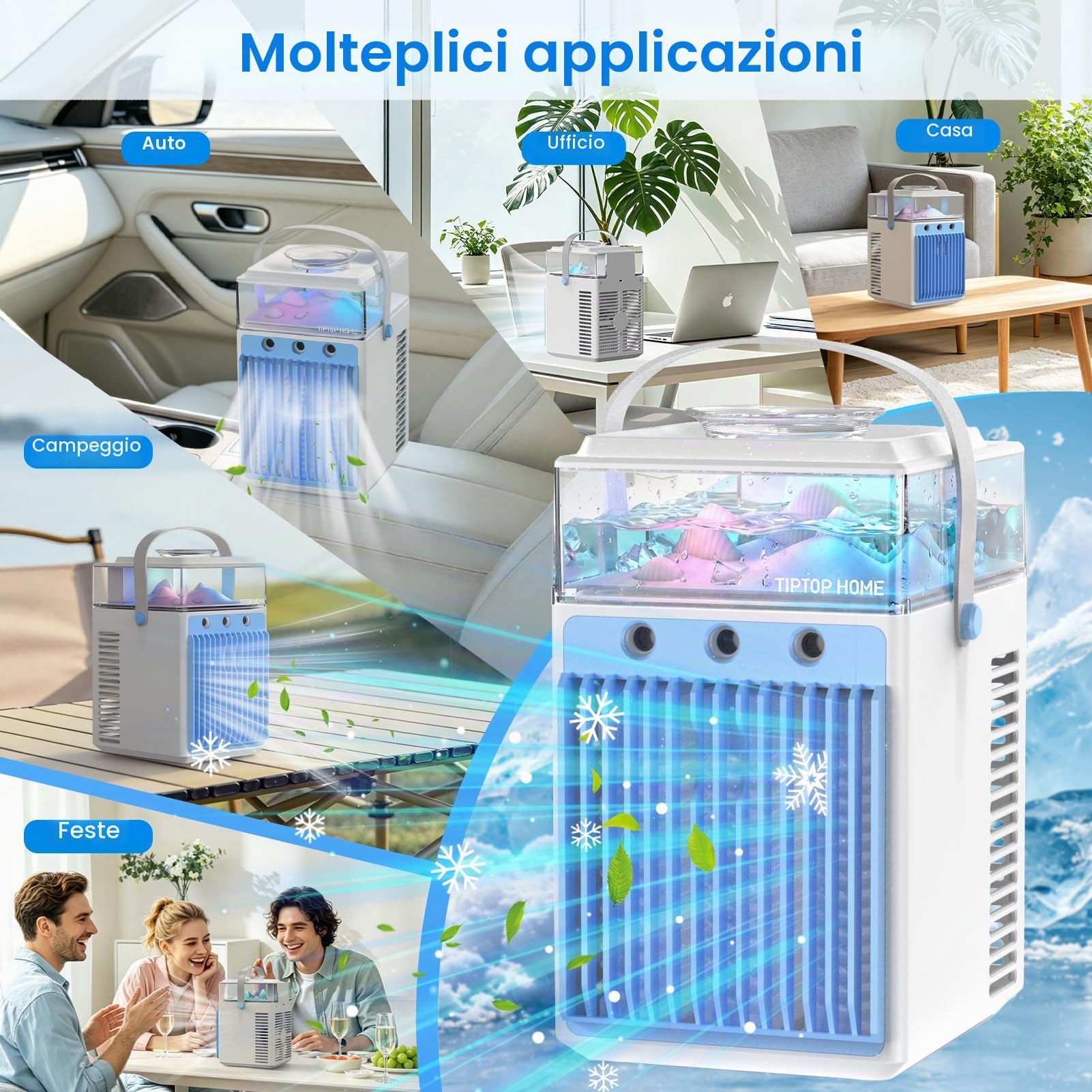 Mini Condizionatore Portatile, 5 in 1 Climatizzatore Portatile Senza Tubo con 3 Velocità, 3 Modalità di Nebulizzazione, Controllo Tramite App e Timer, Silenzioso Evaporativo Ventilatore con Ghiaccio