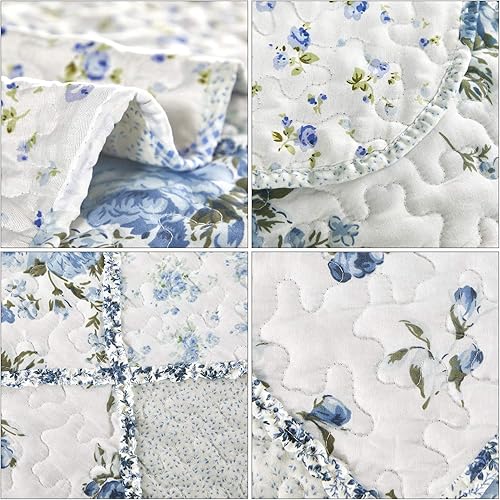 Miniatura 7 de VIVILINEN Juego de edredón de retazos florales azules tamaño King reversible acolchado con 2 fundas de almohada