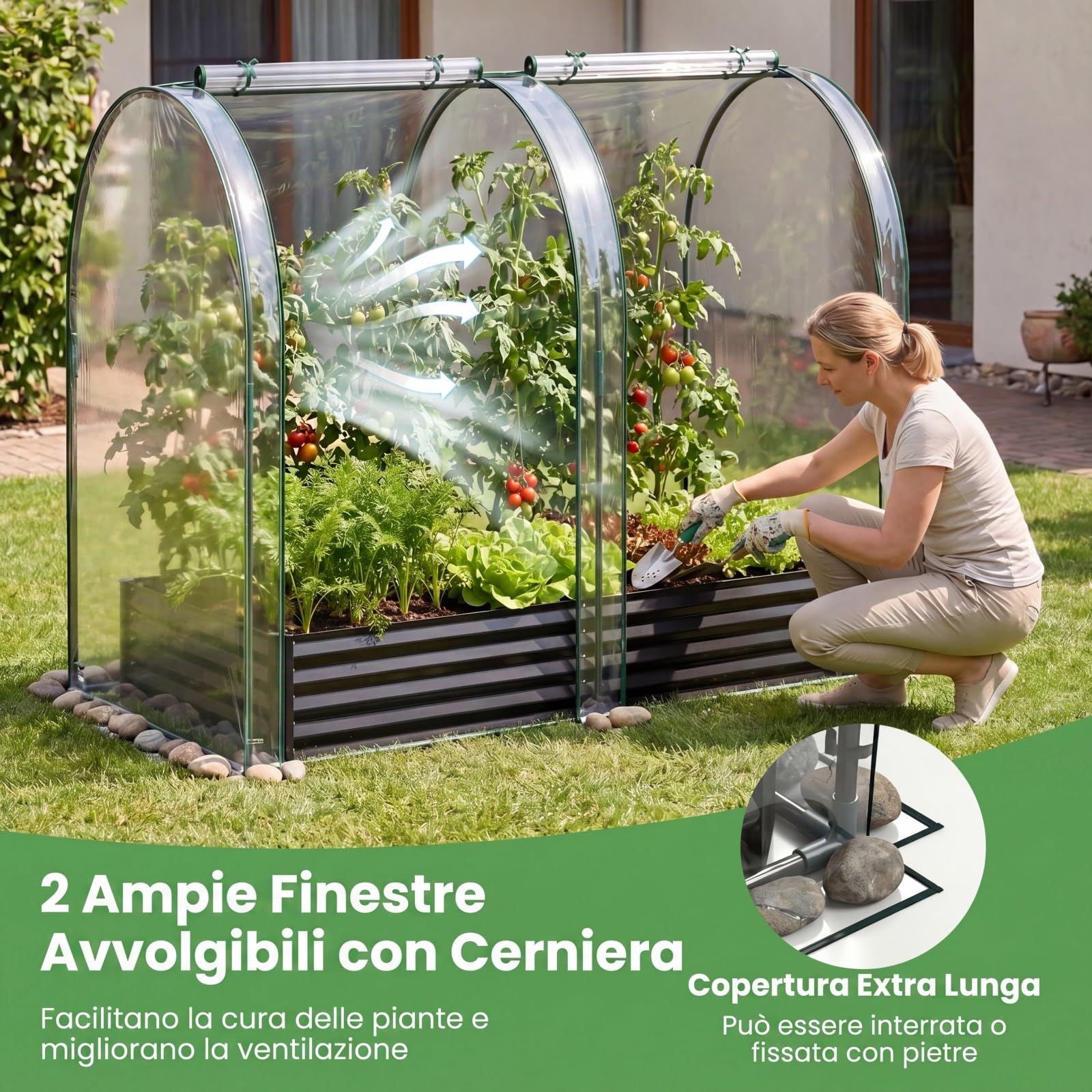 COSTWAY Orto Rialzato da Giardino con Serra, Fioriera da Esterno in Metallo con Copertura Apribile in PVC, Letto Rialzato da Esterno per Giadino, Cortile e Balcone 198 x 100 x 145 cm (Nero)