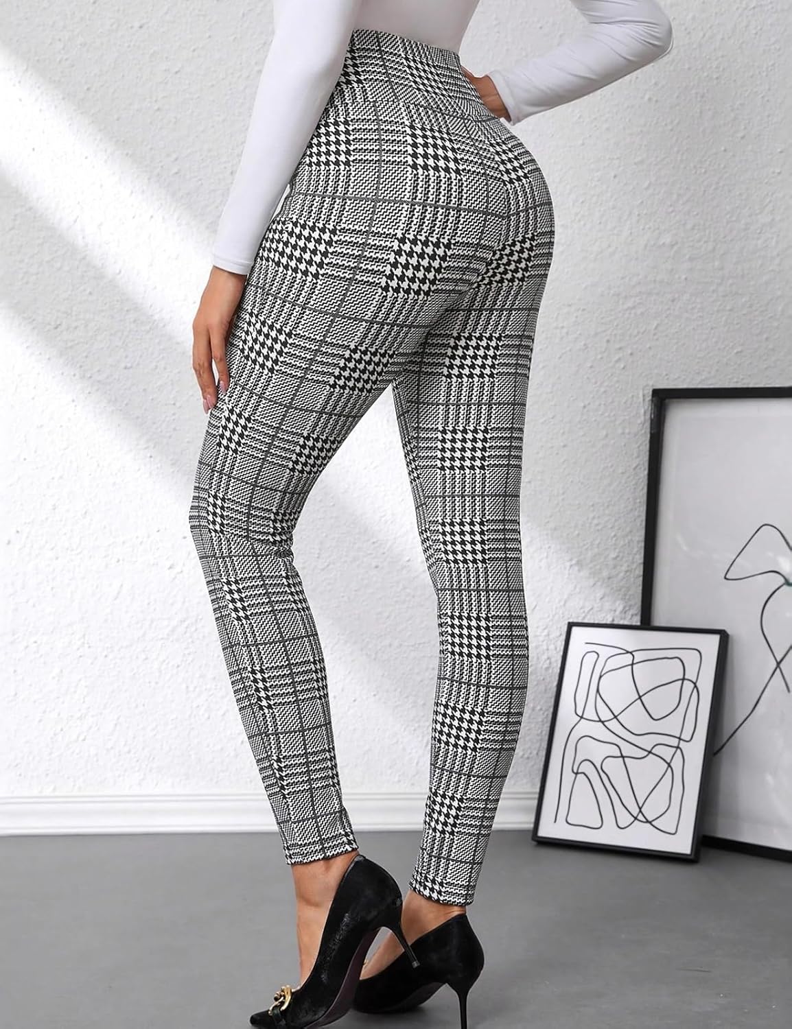 2026 Spring Women's Business Casual Pants Checkered Stretch Slim Fit Elastic Waist Tummy Control Office Dress Trousers