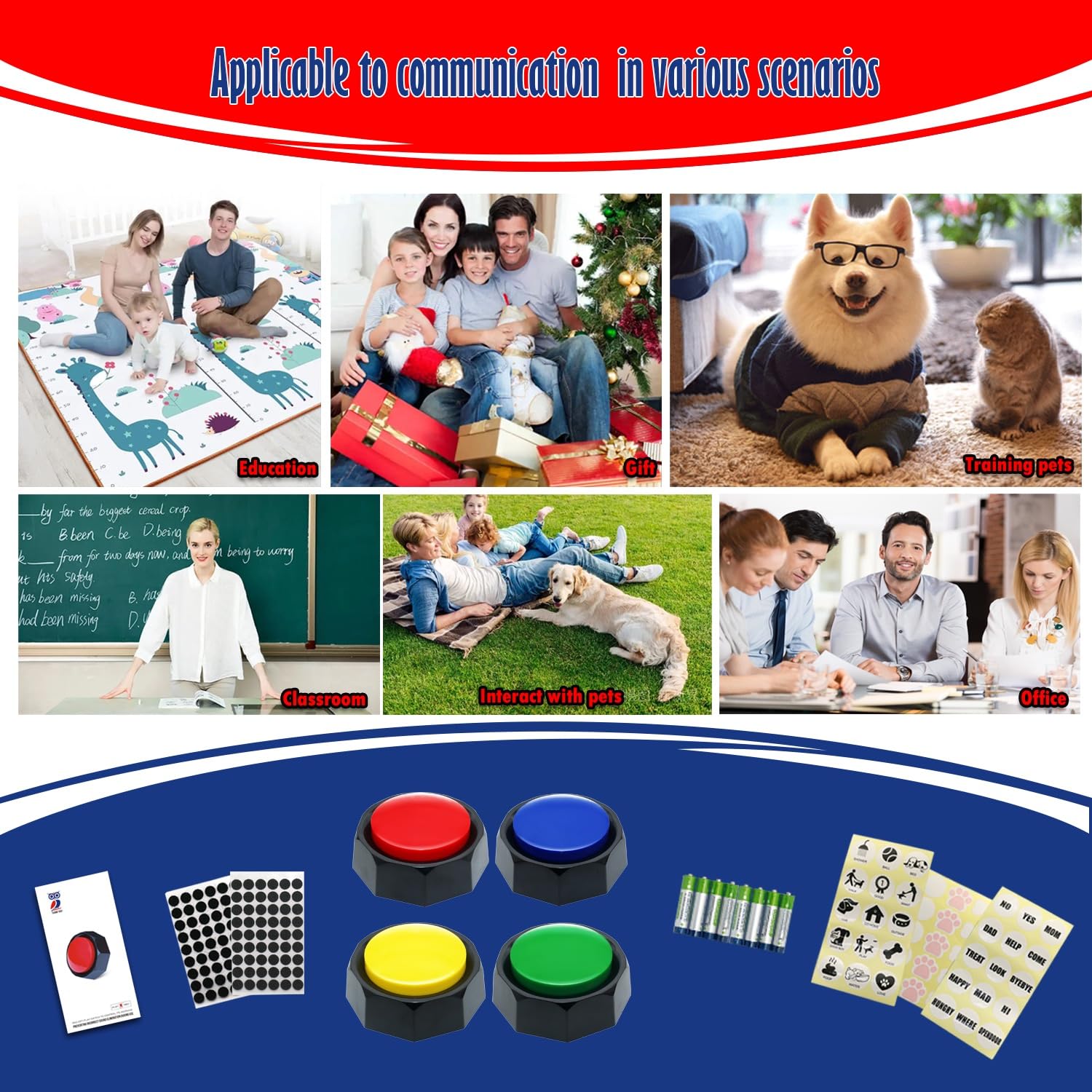 Botones grabables, botones de perro para comunicación, actualización de grabación de 30 segundos, paquete de 4 zumbadores de colores, fácil de usar, seguridad del material. (pilas en el