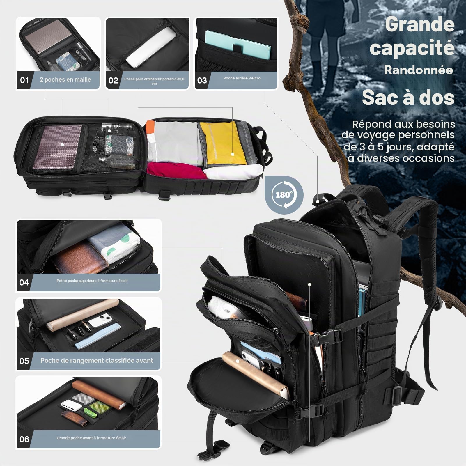 SPAHER 50L Sacs à Dos Tactique Militaire Sac de Randonnée Sac de Survie Sac a Dos de Voyage étanche Assault Pack Sac à Dos de Trekking Militaire Armée Tactique Molle Sac à Dos