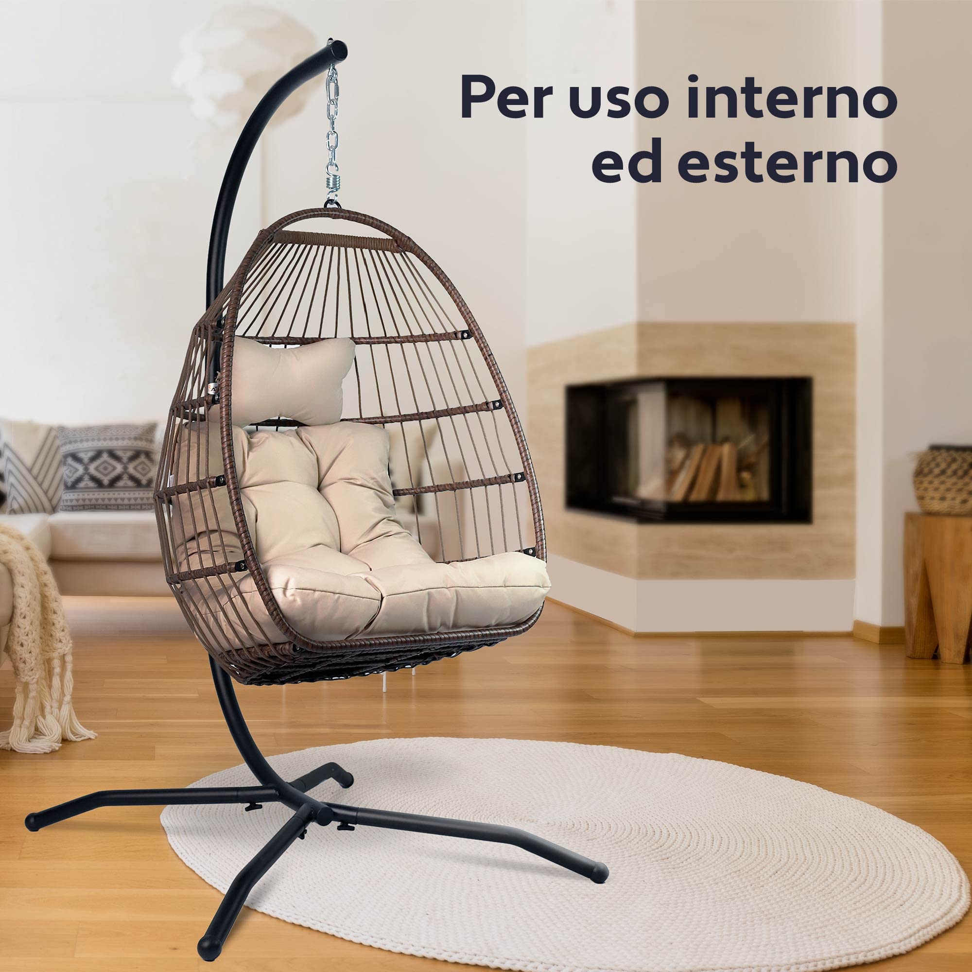 Vita5 Poltrona Sospesa da Giardino con grande Cuscino e Poggiatesta | Sedia a Dondolo con Struttura in Acciaio Capacità 150kg | Sedia Sospesa da Esterno o Interno con Supporto | Beige