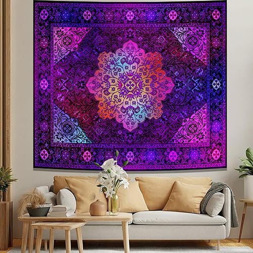 Miniatura 6 de Apdidl Alfombra de Pared Negra con Mandala Boho Hippie para Dormitorio, Alfombra Fluorescente India de Estilo Bohemio con Flores, Decoración de Arte
