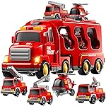 TEMI Fire Trucks Boy Toys for Toddlers 3-5 Year Old - Firetruck Toys for Kids 3 4 5 6 7, Transport Vehicle Carrier Set, Birthdays Gifts for Kids Girls Aged 4-6