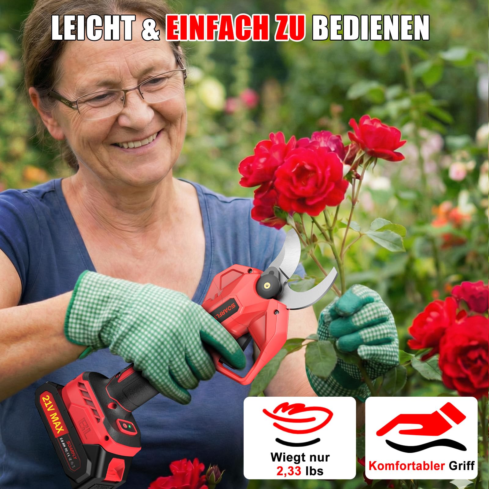 SOARFLY Akku Astschere 50mm, Elektrische Gartenschere mit 2 Akkus, Leistungsstarke Astschere Akku für Obstbäume Garten und Sträucher, Kabellose Gartenschere mit SK7 Klinge und Sicherheitsfunktion, Rot