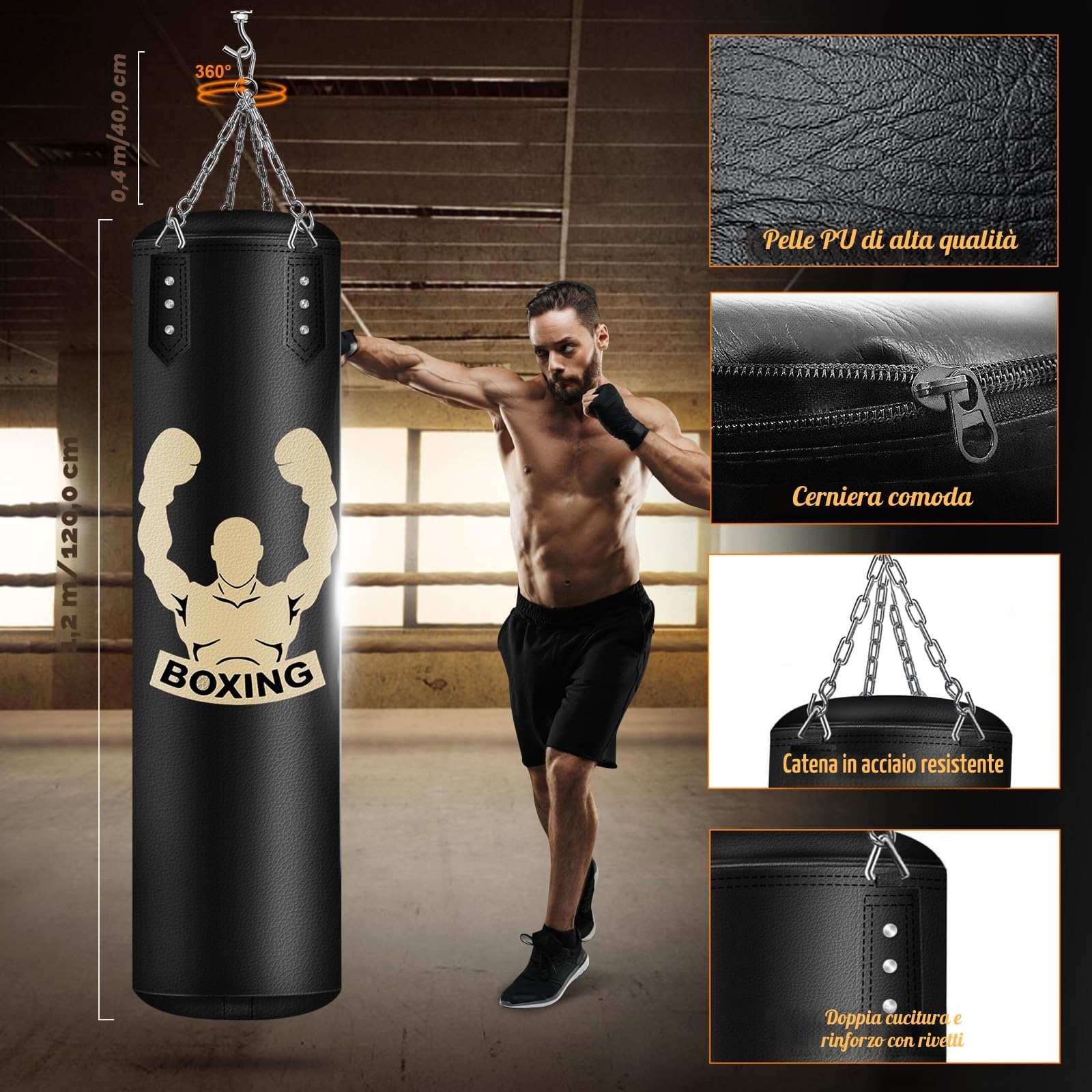 YORWHIN Sacco da Boxe da 120cm per Adulti, Attrezzatura per l'Allenamento di Boxe con Sacco da Boxe Non Riempito, Reflex Ball, Guanti da MMA, Fasce Boxe, Set da Boxe per Karate, Kickboxing e Muay Thai