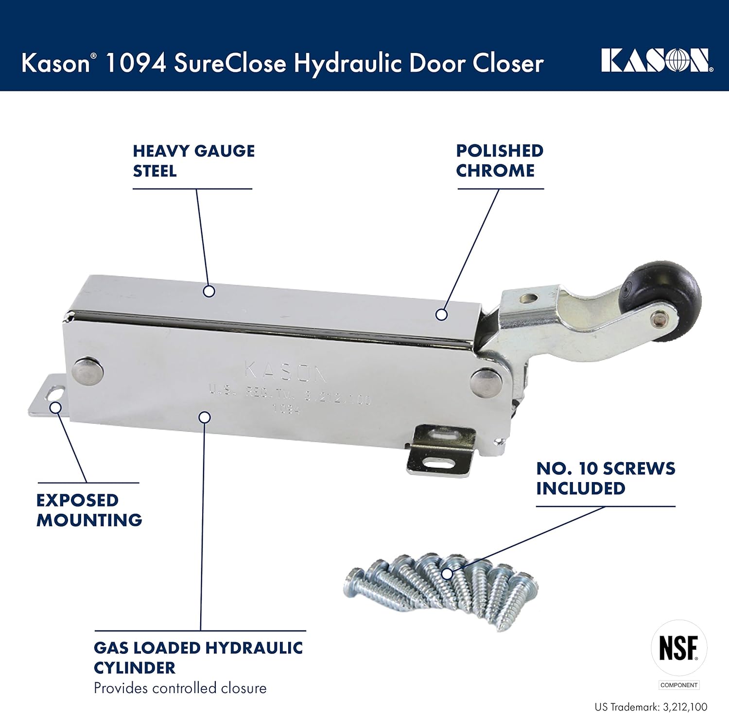 Kason 1094 SureClose Hydraulic Door Closer, Exposed Mounting, 11094000003