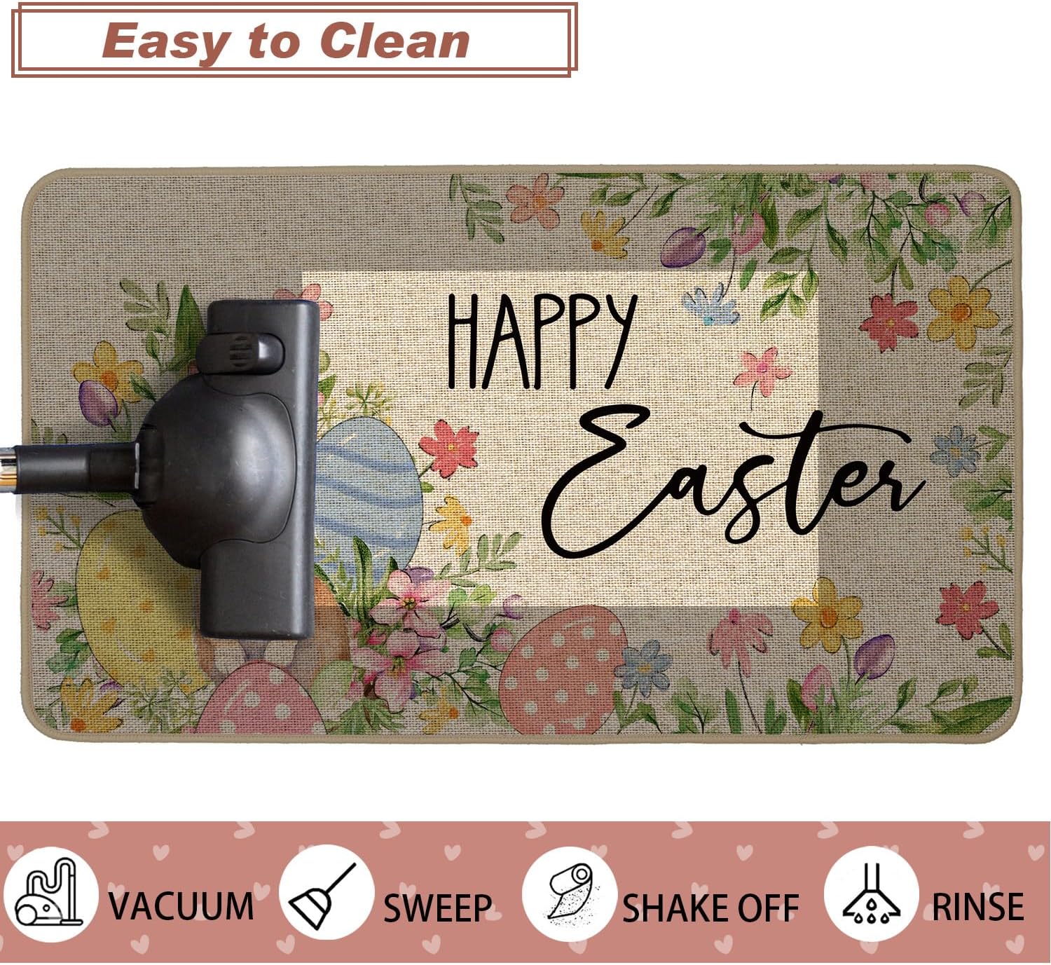 Baccessor Happy Easter Doormat 17x36 inch, Large Bunny Colorful Eggs Floral Rabbit Welcome Door Mat Rug for Floor Non Slip Rubber Backing Seasonal Holiday Decor for Indoor Outdoor