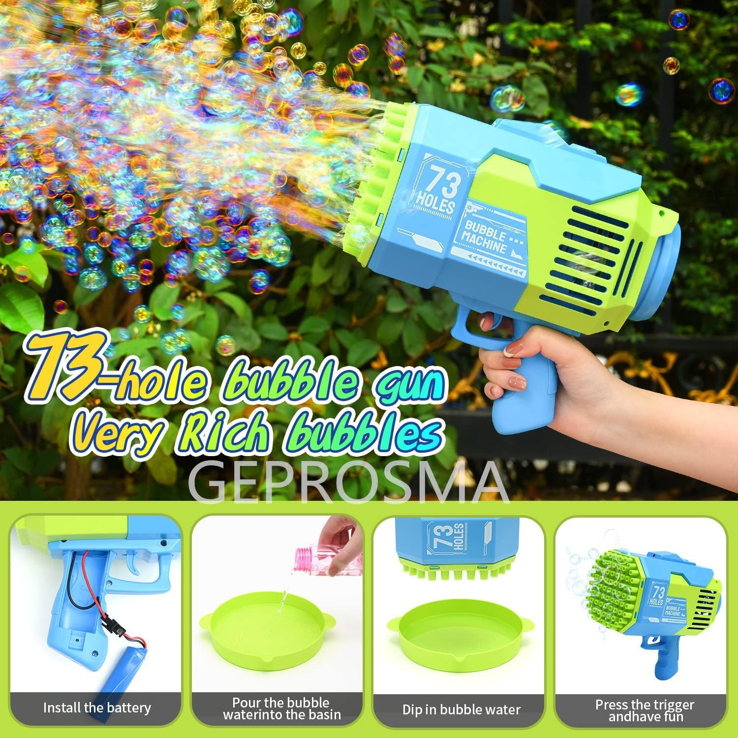 Pistola de Burbujas eléctrica Recargable Bazooka con 73 Orificios/Luces/Batería, Pistola de Burbujas eléctrica para niños, Pomperos para Niños Cumpleaños,Pistola Pompas para Exterior Boda Fiesta