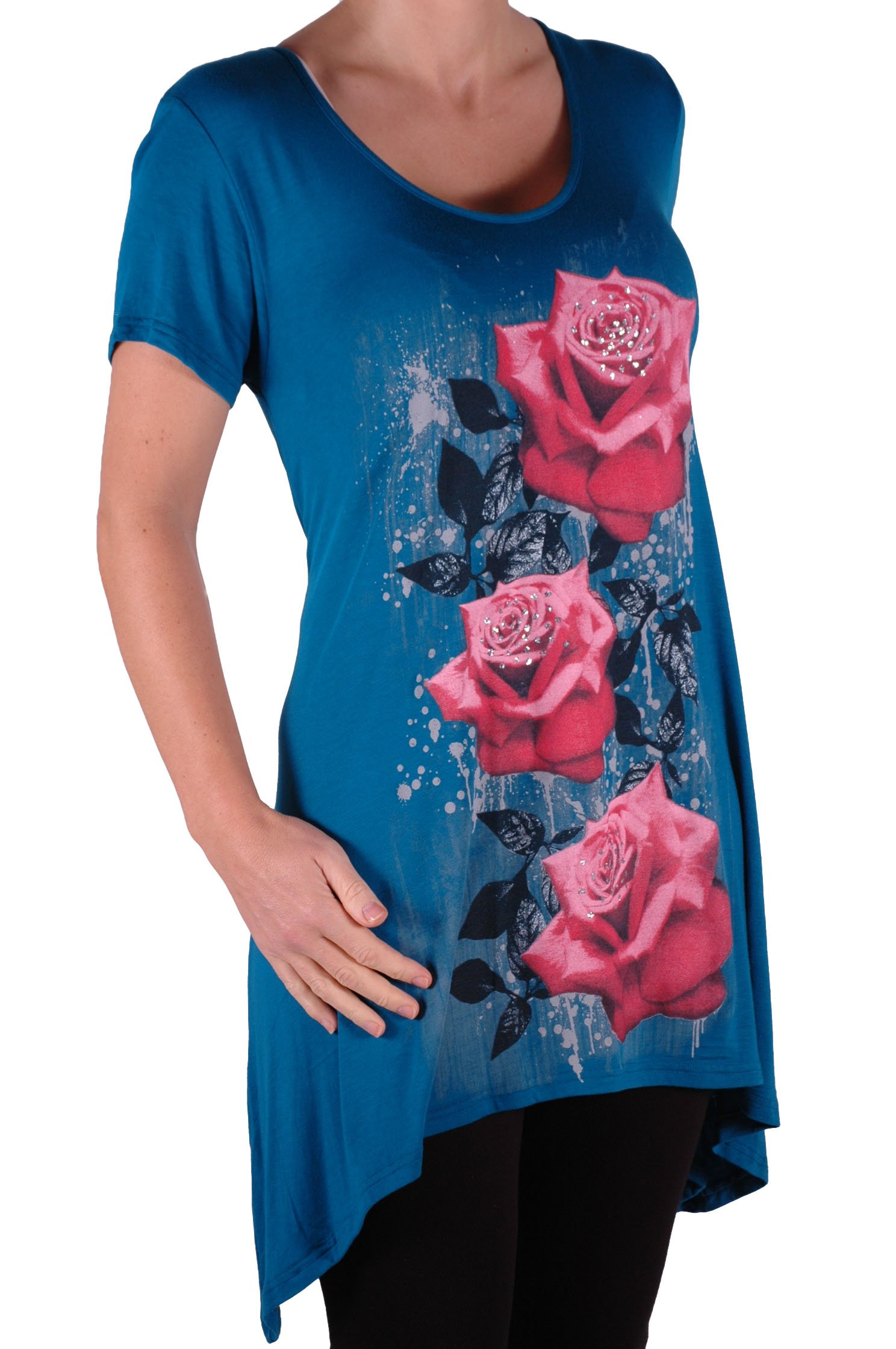 Eye Catch Plus - Tulip Long Draped Ladies Rose Motif Short Sleeve Stretch Top - Comfortable and Adjustable - Sizes 14-28
