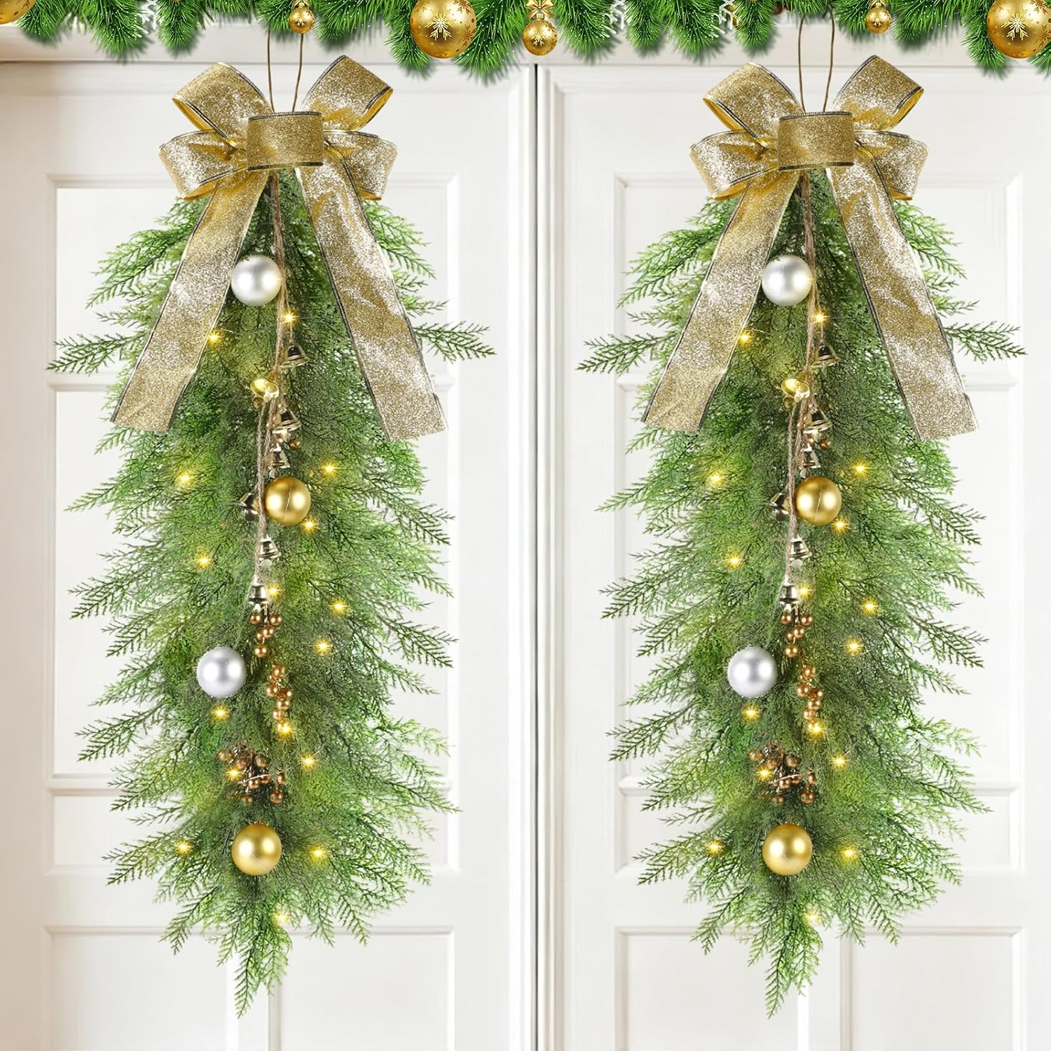 Daifunli 2 Pack 36 Inch Christmas Teardrop Swags with Lights Large Christmas Pine Teardrop Cedar Swag with Bow Artificial Pine Rustic Greenery Wreath for Front Door Holiday Party Decor(Golden)