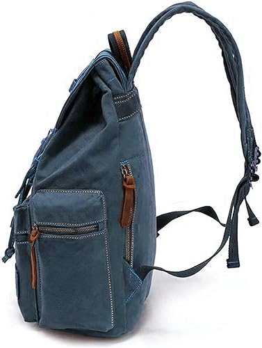 Miniatura 3 de HuaChen Mochila de lona vintage, mochila de viaje casual con cuero para hombres y mujeres, compartimento para portátil M32, azul
