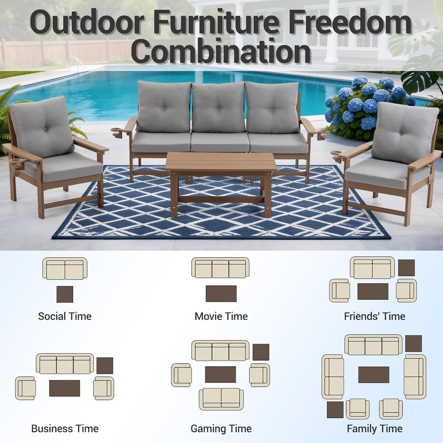 7-Piece All-Weather HDPE Patio Conversation Set – Outdoor Sectional Furniture with 4 Cup Holders, Thick Washable Cushions, Coffee Table & Side Table for Backyard, Porch, Poolside (Brown)