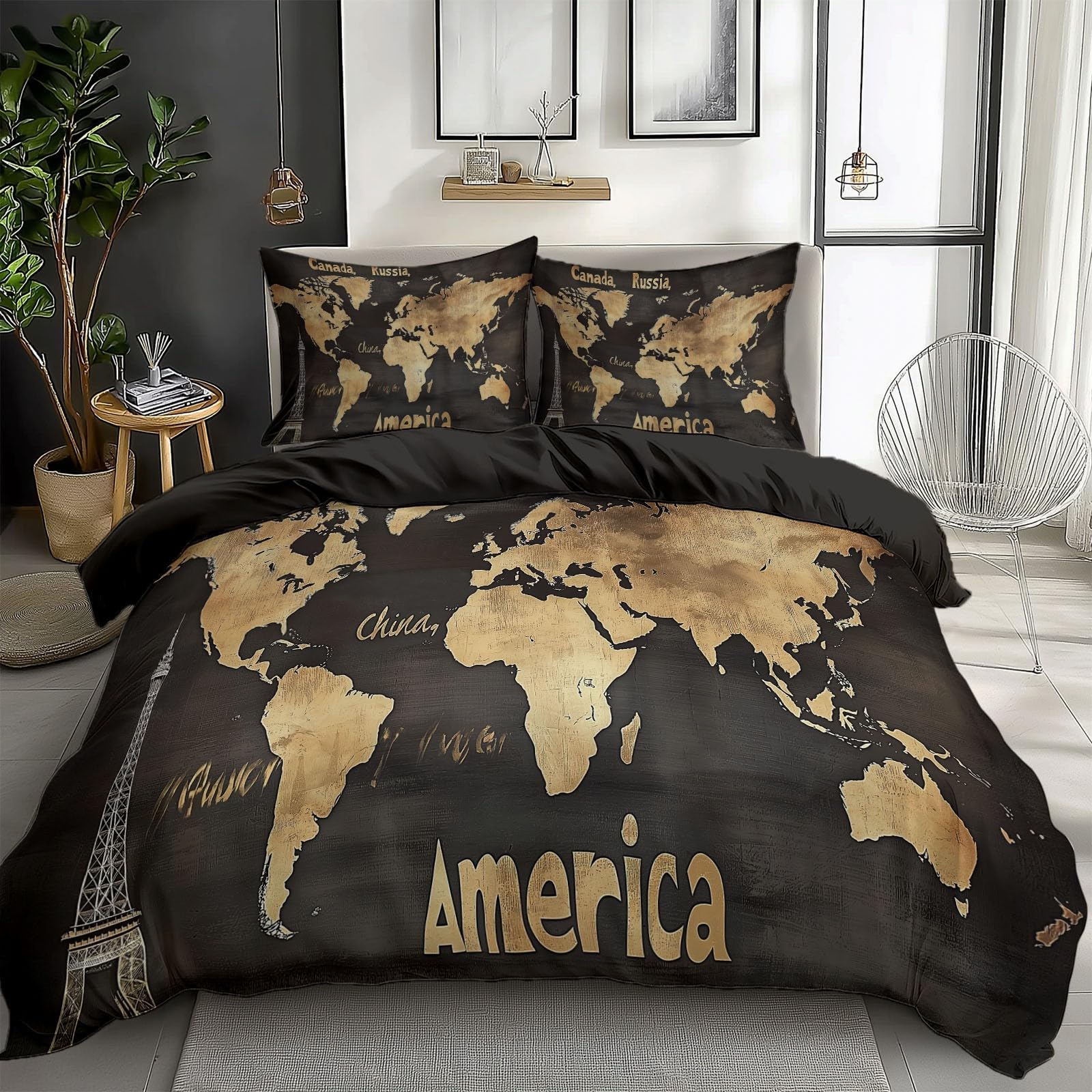 Juego de funda nórdica con estampado Vintage Viejo Mapa del mundo para adultos, adolescentes De Microfibra con Cremallera Negro Funda nórdica Lavable - 135 x 200 cm Ropa de cama