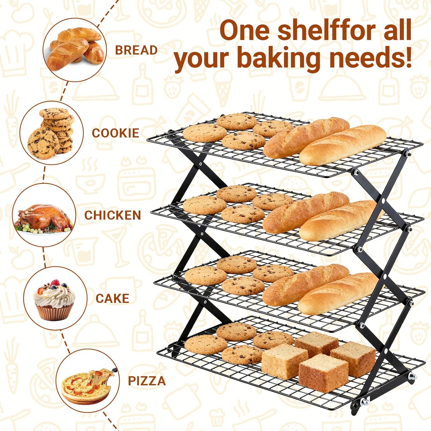 4 Tier Collapsible Cooling Rack, Adjustable & Stackable Baking Rack with Leak-Proof Mesh, X-Shaped Cooling Rack for Cooking and Baking, Roasting ＆ Grilling Gift for Picnic Party (Black)