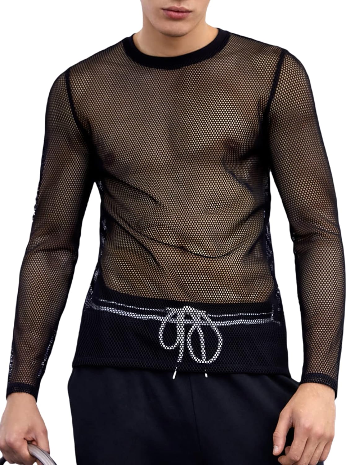 Verdusa Men's Fishnet See Through Shirt Long Sleeve Muscle Undershirts Top Tee