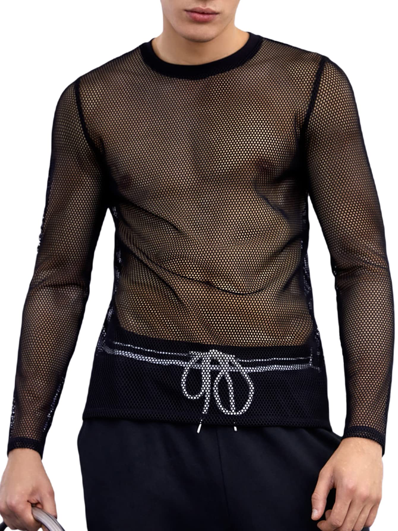Men's Fishnet See Through Shirt Long Sleeve Muscle Undershirts Top Tee