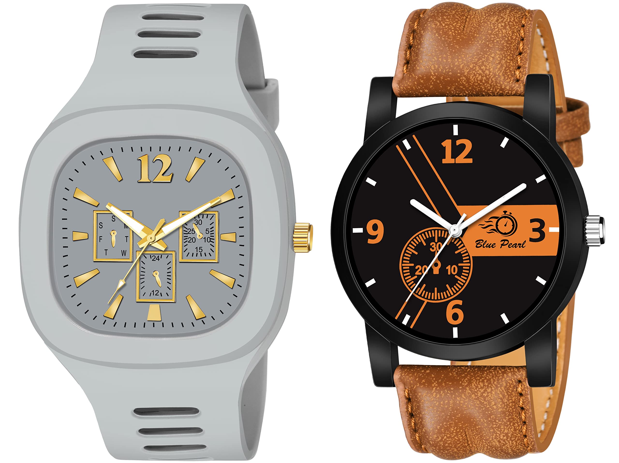 Praizy Black Square Dial Silicone & Black Round Dial Leather Strap Analogue Watch - for Men (Grey,Brown) (B0BQCG6BWN) Amazon Price History, Amazon Price Tracker