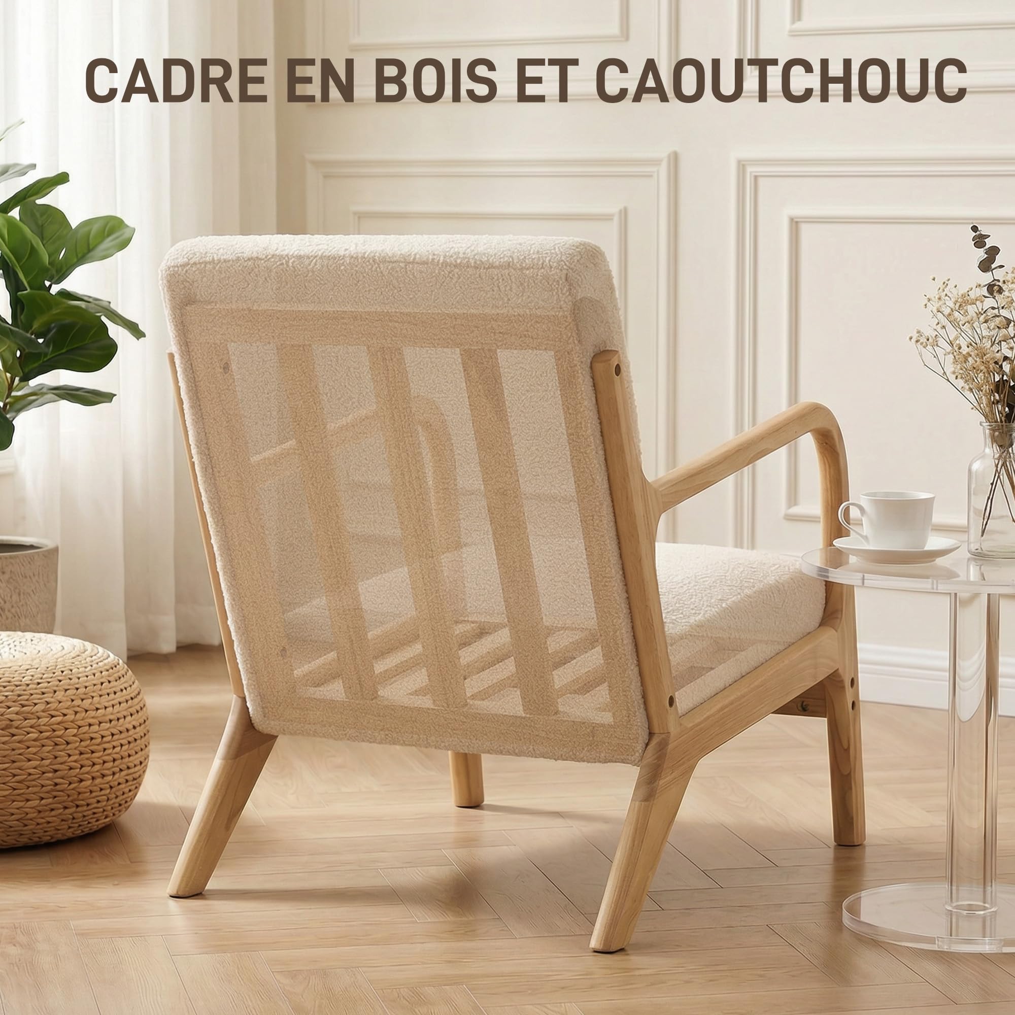 HOMCOM Fauteuil de Salon avec Cadre en Bois Massif Fauteuil Lounge - Assise Profonde - accoudoirs - Aspect Velours Beige