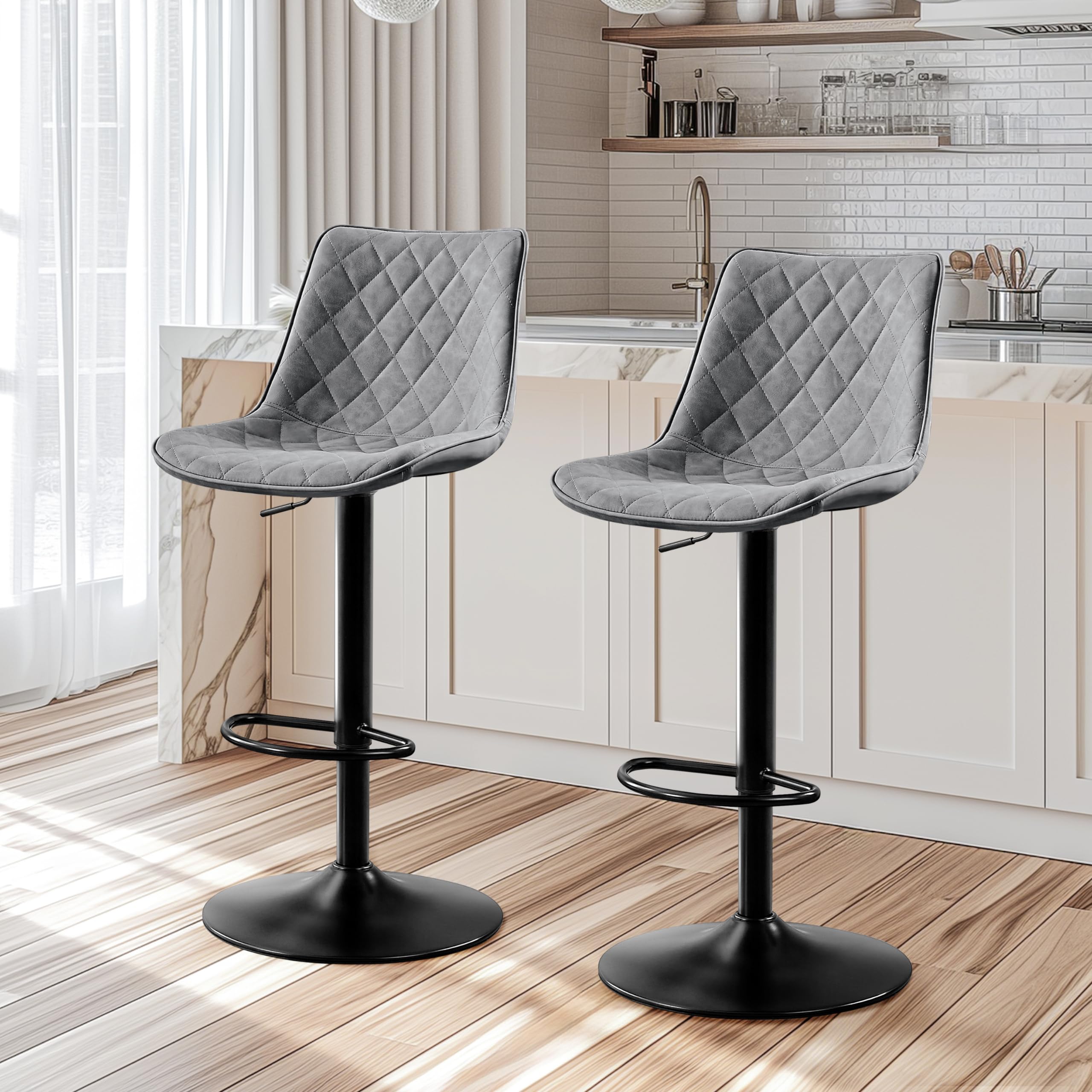 STOOLINK Lot de 2 Chaise Bar, Tabourets de Bar en Cuir Microfibre, Siège Bar avec Repose-Pieds, Tabouret Bar Réglable en Hauteur, Tabouret Comptoir Convient pour Bar, Cuisine-Gris
