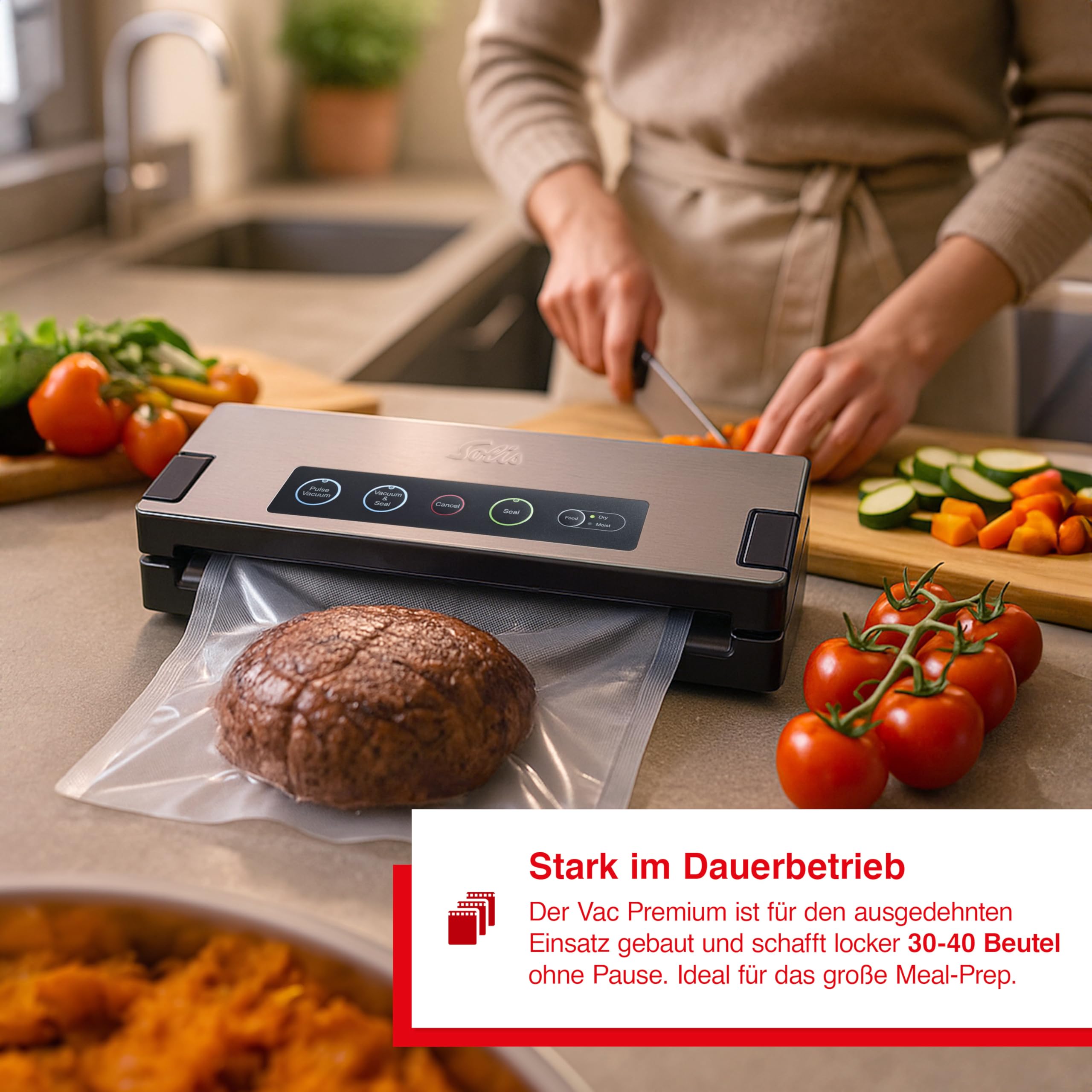 Solis Vakuumiergerät Vac Premium 574 - Einschweißgerät für Lebensmittel - Vakuumierer/Folienschweißgerät mit Pulse-Funktion | 8x länger frisch, Vollautomatisch, Pulse & Marinier-Funktion, Folienschneider, Inkl. Beutel & Rollen