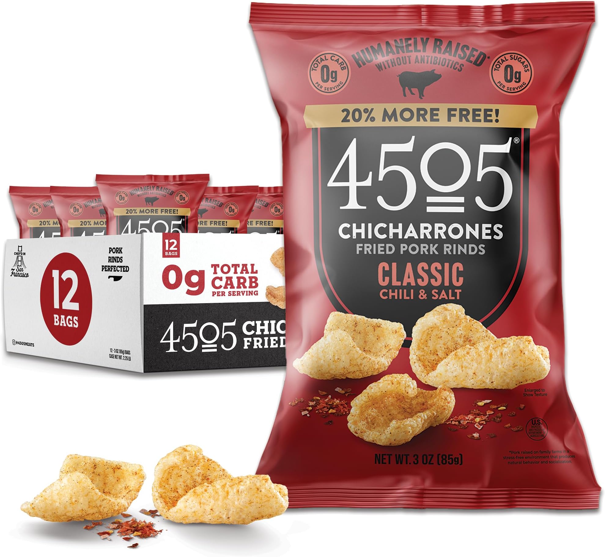 4505 Classic Seasoned Chicharrones, Fried Pork Rinds - Classic Chili & Salt Flavored Pork Skins - Low Carb, Gluten-Free, Protein Snack - 3oz