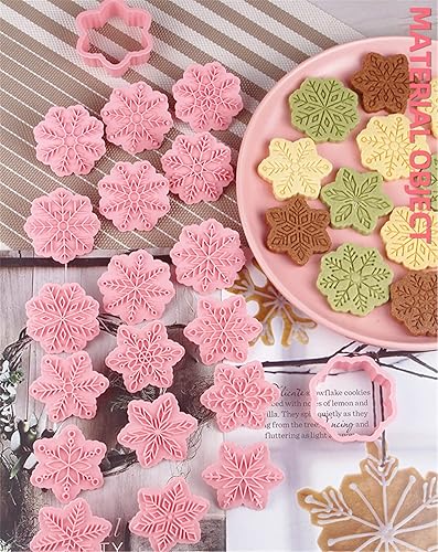 Miniatura 9 de Juego de 9 patrones de sellos de galletas de copo de nieve 3D, plástico de grado alimenticio, 6 ramas con forma de copos de nieve, cortadores de